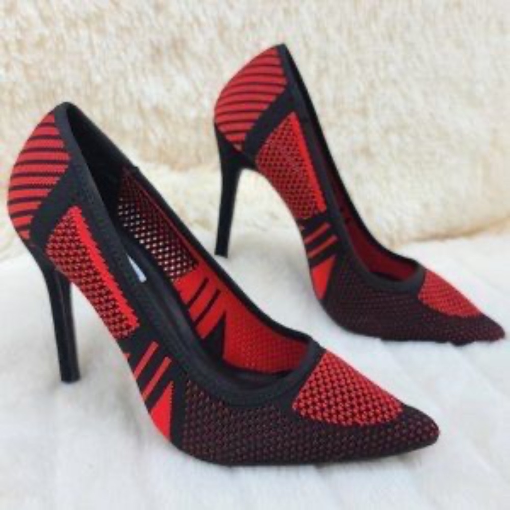 * Cape Robbin Red & Black Knit Pointy Toe Pump With 4" High Heel